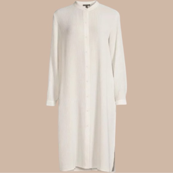 Eileen Fisher Accordion Silk Jacquard Mandarin Collar Long Shirt in Bone Size 2X - Picture 2 of 13